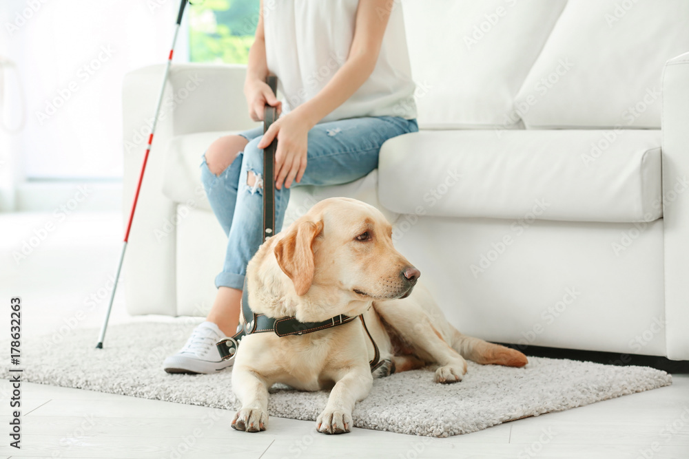Blind woman with guide dog sitting on sofa at home Stock Photo | Adobe Stock