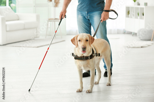 Blind man with guide dog at home