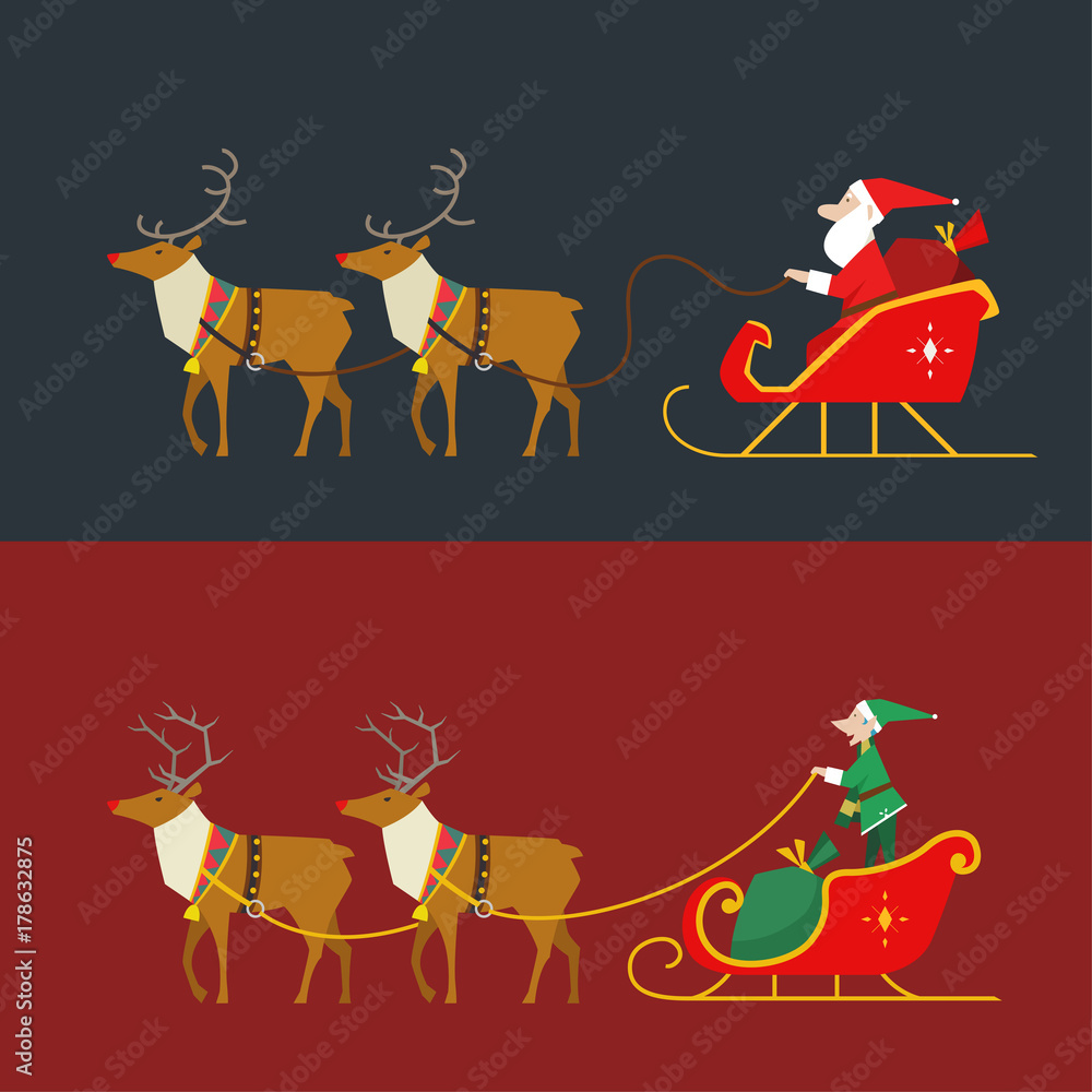 Santa and elf and reindeer on Christmas sled vector flat design illustration set Santa and elf and reindeer on Christmas sled vector flat design illustration set