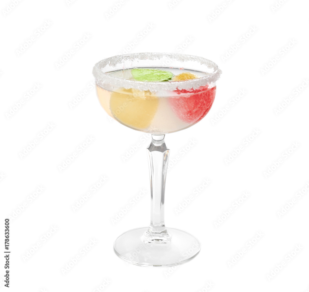 Cocktail glass with melon ball drink on white background