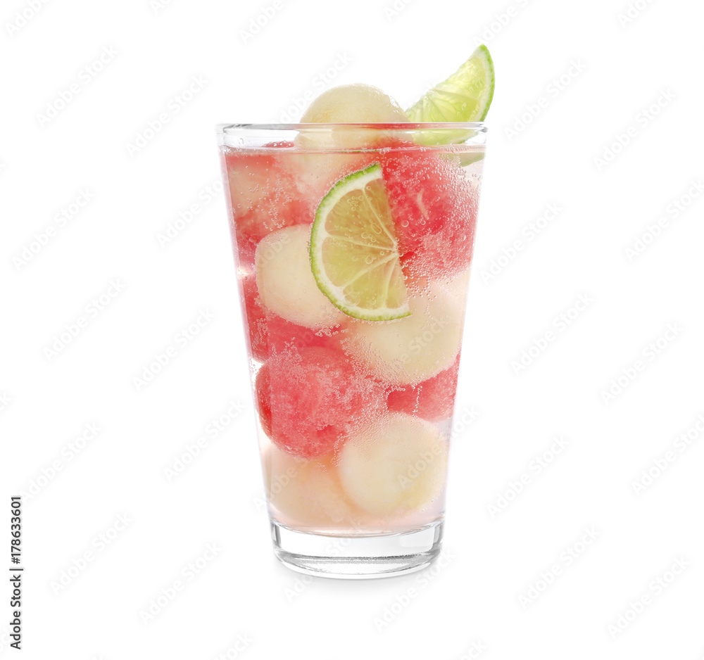 Glass with melon ball drink on white background Glass with melon ball drink on white background