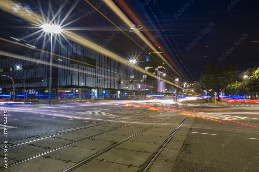 night traffic in the city center, Szczecin, Poland
