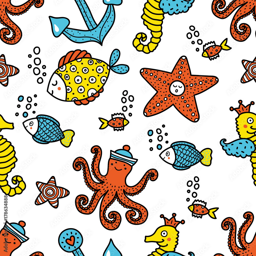 Children's seamless pattern with marine motifs Children's seamless pattern with marine motifs