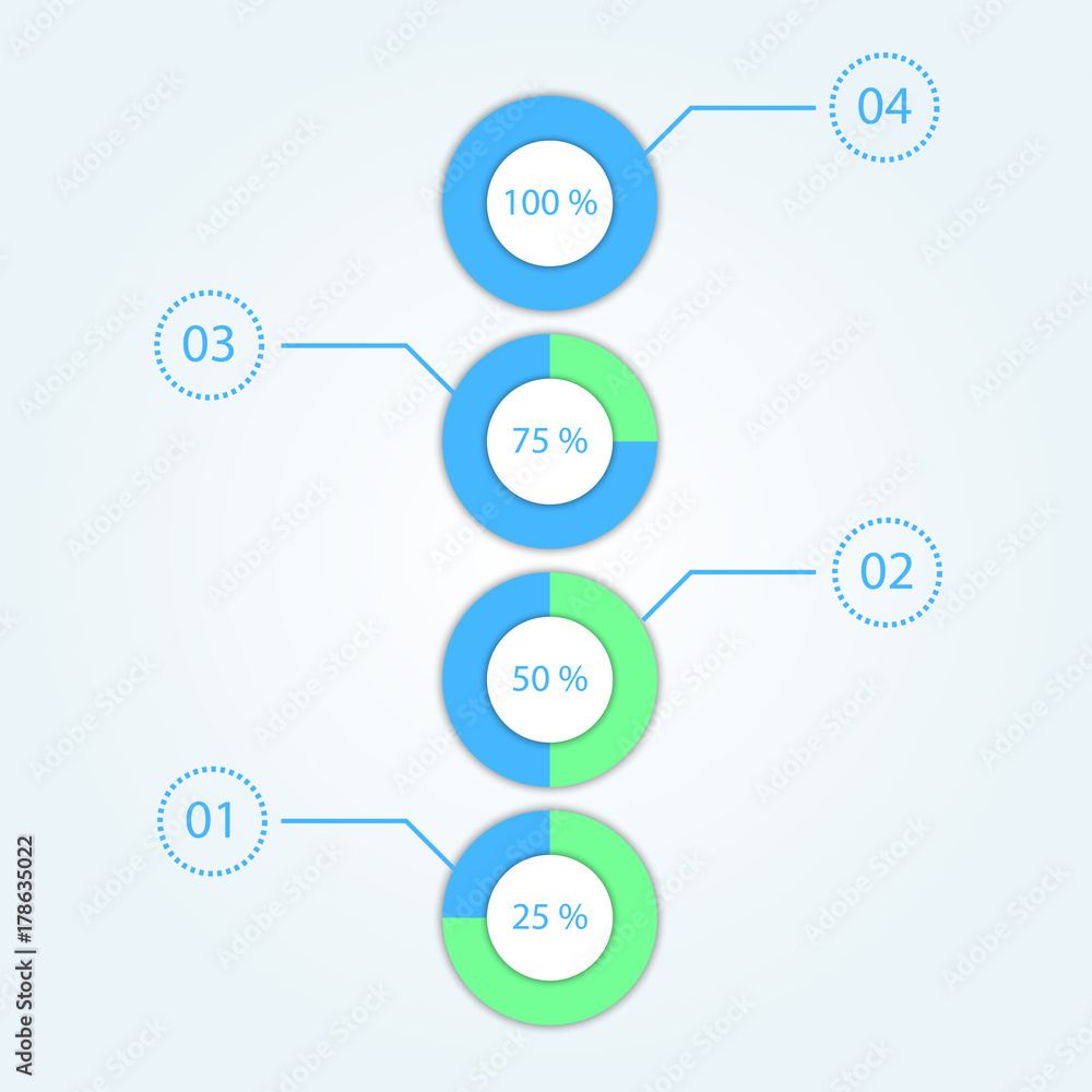 Marketing infographic with round charts. Diagrams with numbers. 4 levels Marketing infographic with round charts. Diagrams with numbers. 4 levels