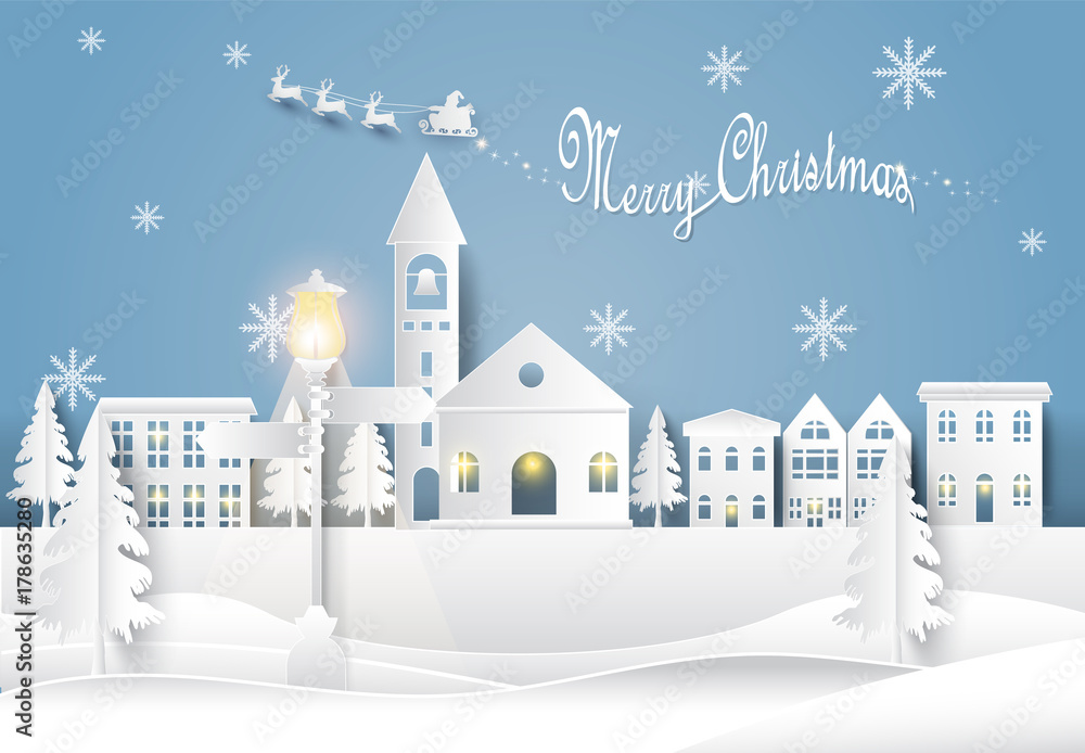 Christmas season in city town paper art background. night scene in winter holiday paper cut style illustration