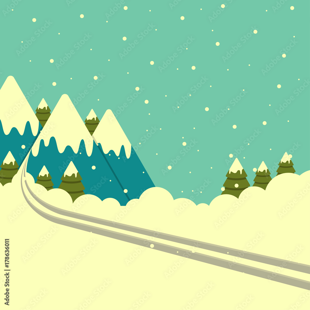 Vector winter mountains background with ski track.