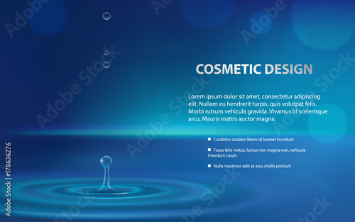 Advertising poster for moisturizing cosmetic product, blue background with falling water drops, water splash and bokeh effect. Vector realistic design for packaging