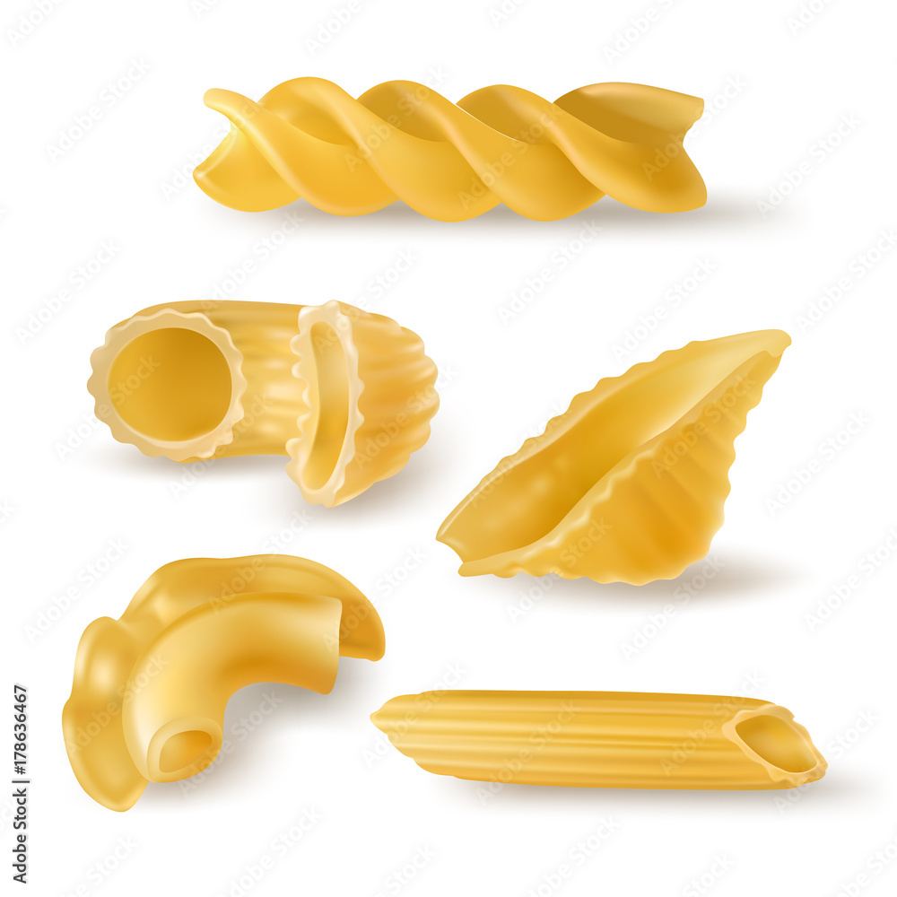 Various types and shapes pasta, noodles and macaroni with cereal ear  realistic vector illustration set isolated on white. Italian national  cuisine traditional ingredient. Natural healthy eating food Stock Vector