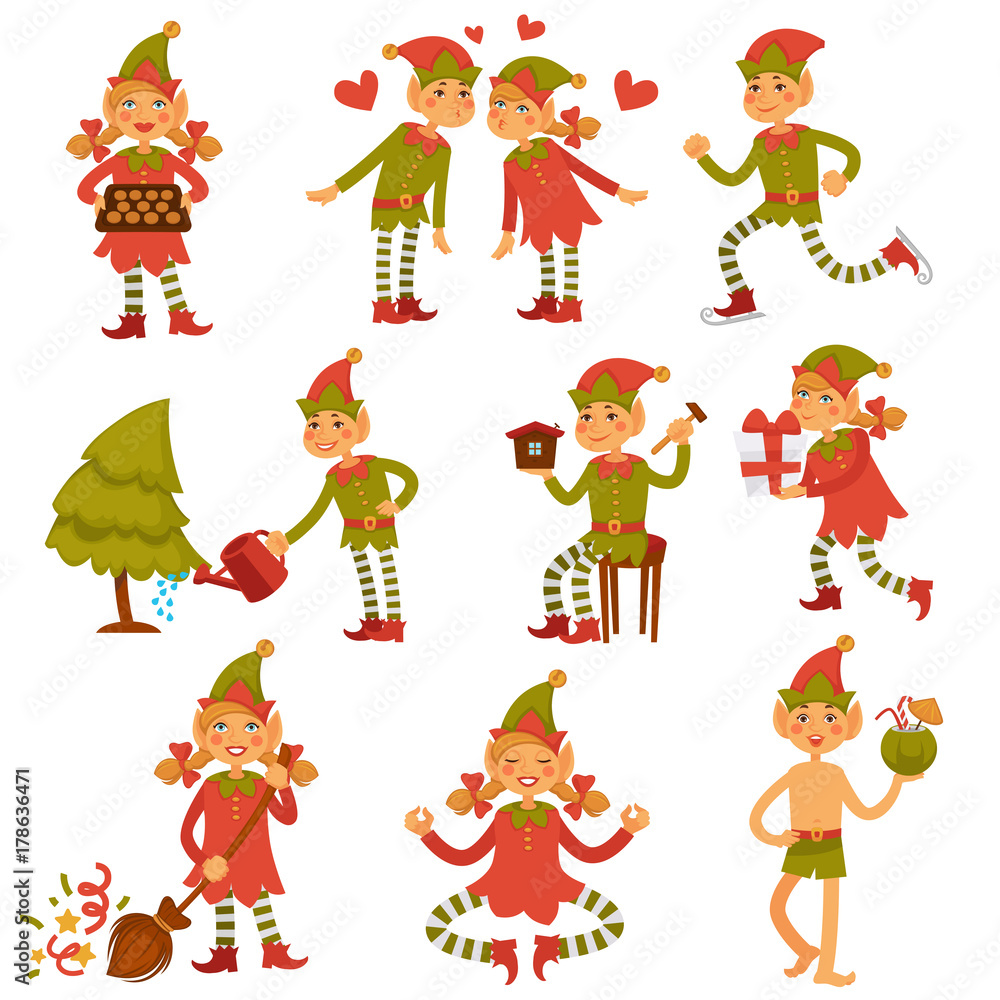 Fototapeta premium Christmas male and female elves in festive clothes