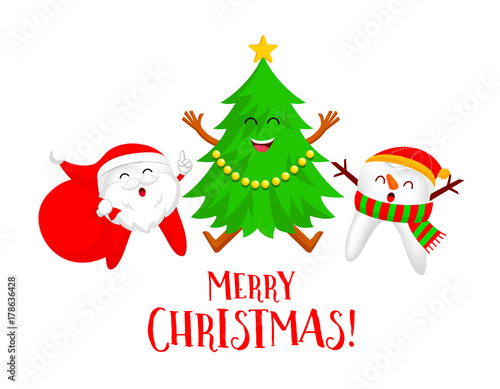 Christmas Tooth Characters design. Santa Claus, Snowman and Xmas tree. Merry Christmas and Happy new year concept. Illustration isolated on white background.