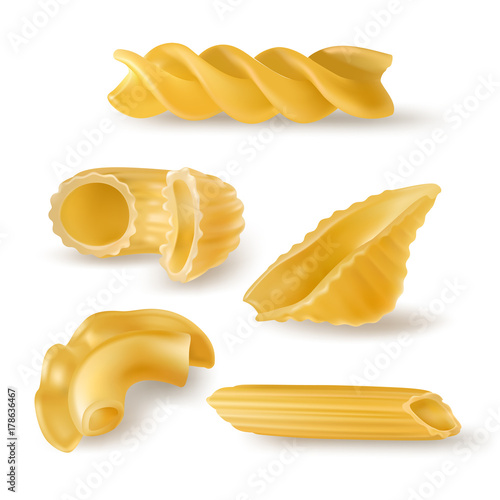 Various types and shapes pasta and macaroni realistic vector illustration set isolated on white. Italian national cuisine traditional ingredient. Natural healthy eating food