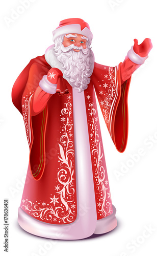 Red russian santa claus do greeting waving hand