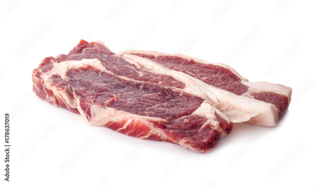 Fresh beef in a container, white background