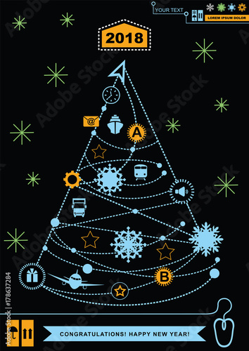  Pathway in the shape of christmas tree. Bright neon christmas logistics icons on the black background. Technology background. 