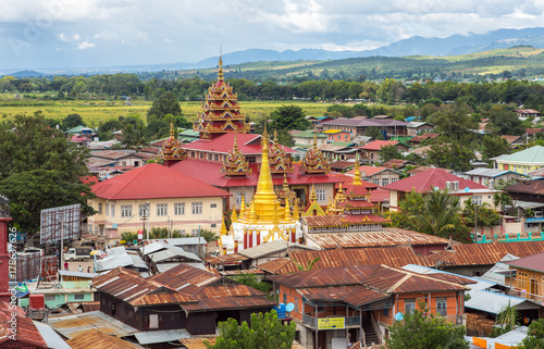 view from the top viewpoint on the roof and surroundings- the city of Nyaungshwe,river town at the Inle Lake