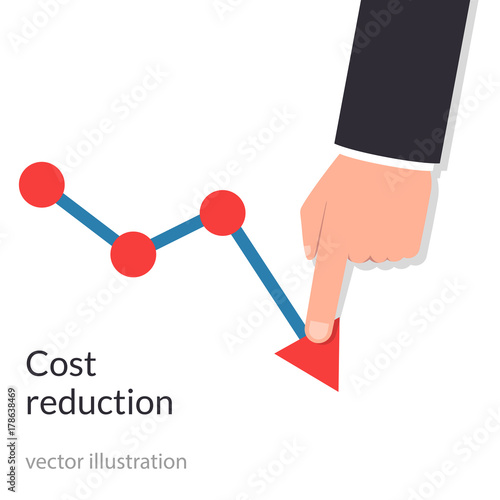 Cost reduction concept. Cost down. Businessman with his hand lowers the arrow of the graph. Decrease down profit. Declining chart. Vector illustration flat design. Isolated on background.