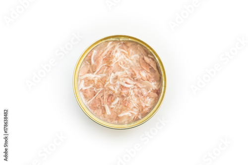 Canned Chicken and Tuna isolated, open chicken tin on a white background, Canned soy, Tuna packed in water