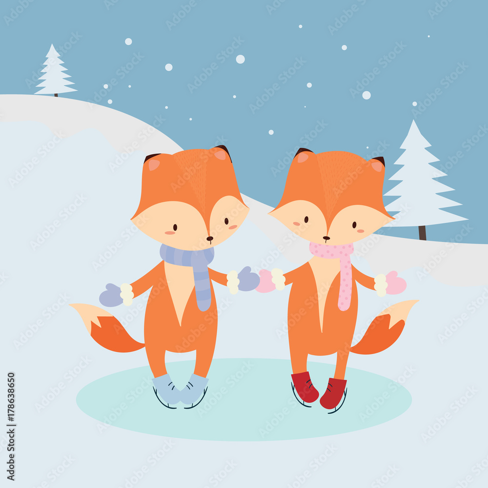 Fototapeta premium cute fox on ice skates