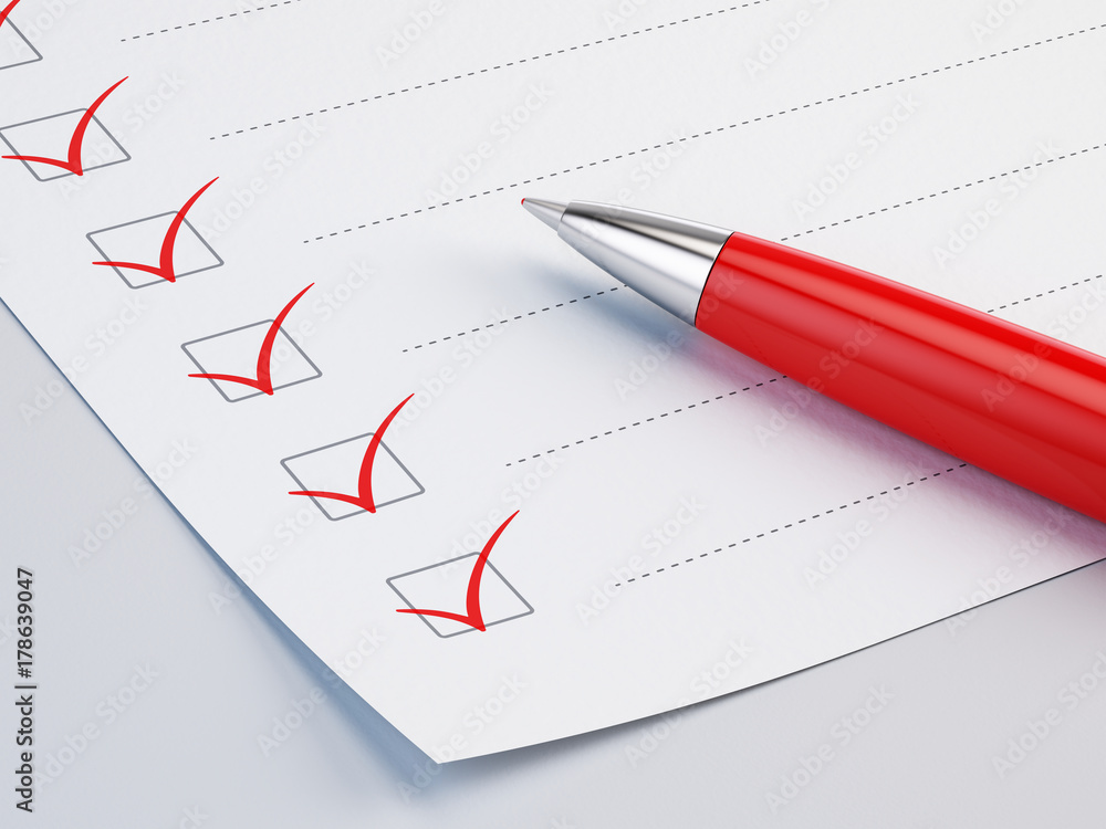 Checklist concept - checklist, paper and red pen. 3d illustration Checklist concept - checklist, paper and red pen. 3d illustration