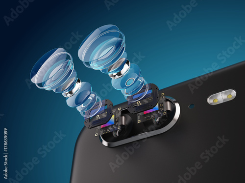 Fototapeta Naklejka Na Ścianę i Meble -  Modern lens of smartphone double camera structure. New features for a smartphone camera concept. 3d illustration