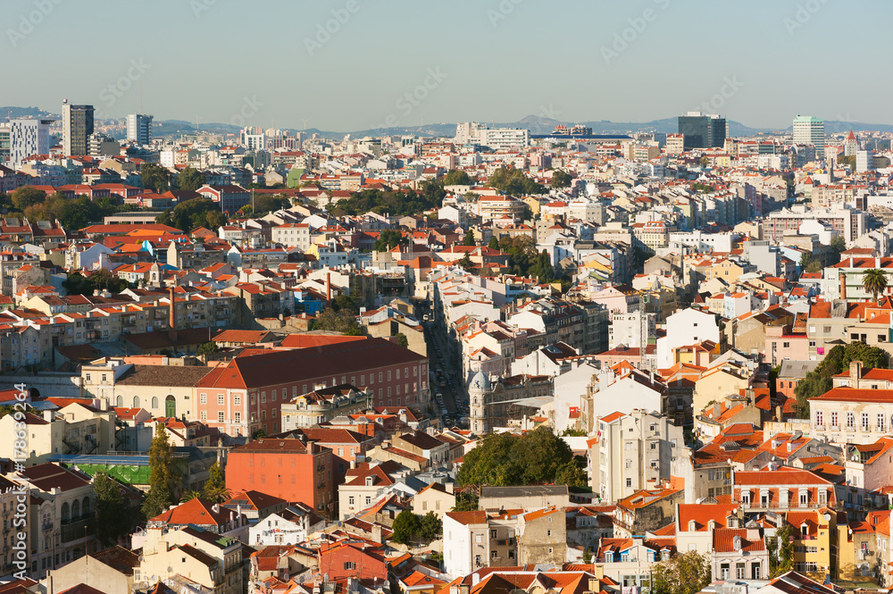 Lisbon roofs aerial view in Portugal on a sunny day