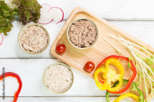 3 Canned Chicken and Tuna on wood background, chicken tin, Canned soy, Tuna packed in water