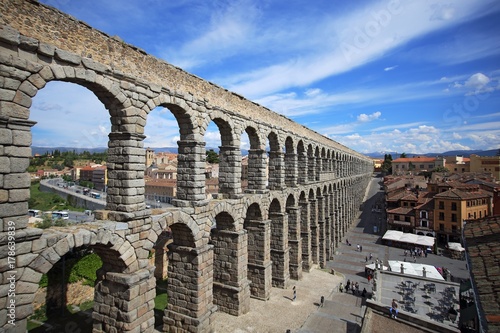 Segovia, Spain. View at Plaza del Azoguejo and the ancient Roman aqueduct