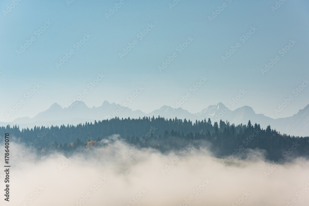 Tatra range mountains peaks in fog