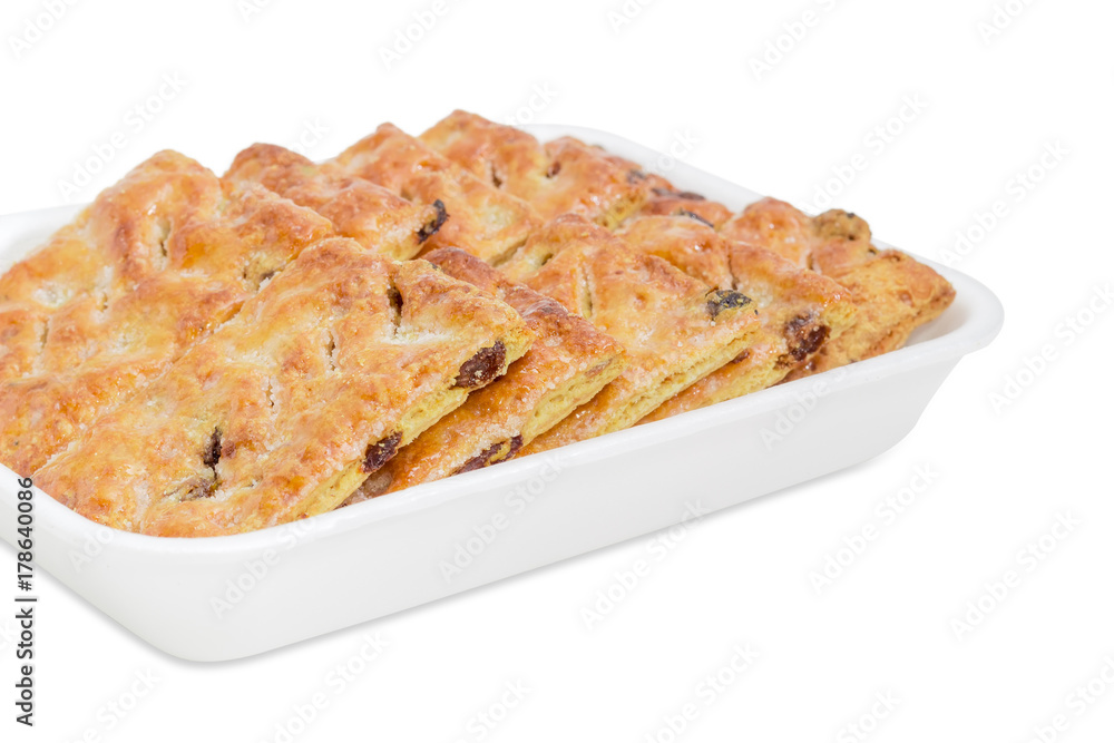 Layered cookies with raisins in foam food container Layered cookies with raisins in foam food container