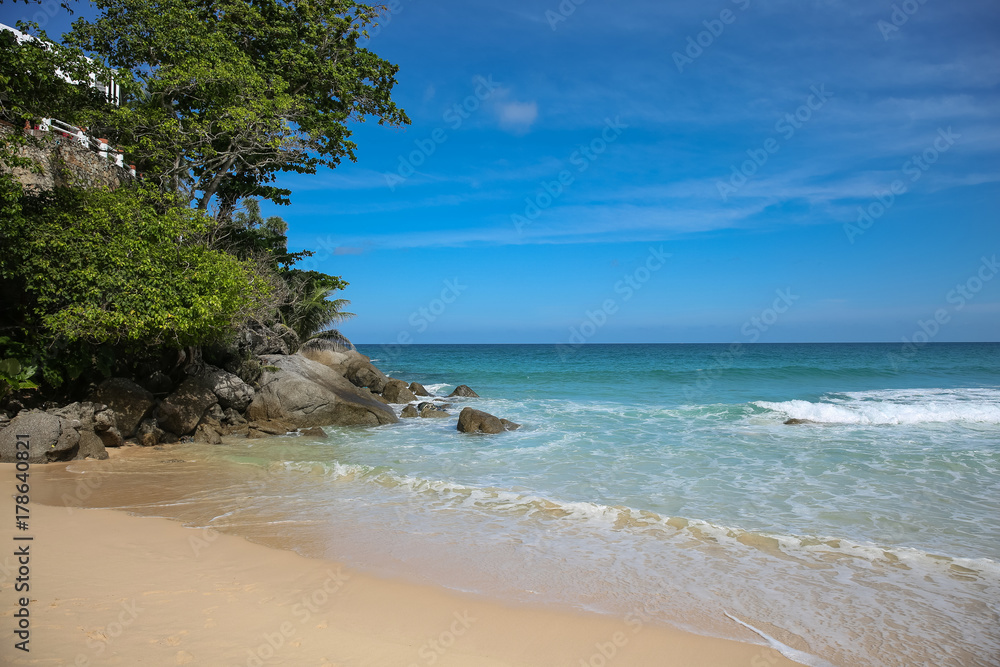 Beautiful beach. Summer holiday and vacation concept background. Inspirational tropical landscape design. Tourism and travel design