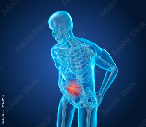 Man is feeling pain under her ribs. 3D illustration