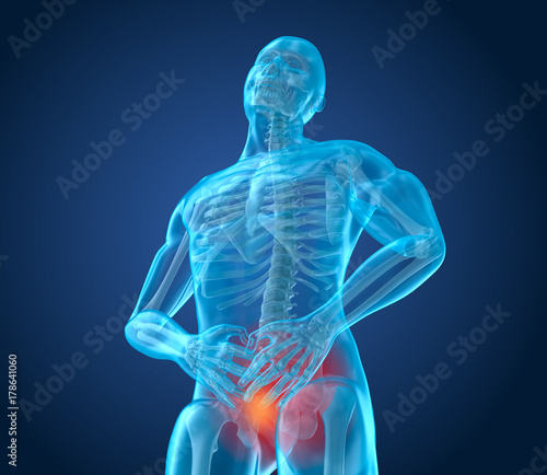 Man feeling pain down in stomach, 3D illustration