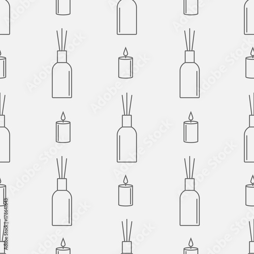 Aromatherapy seamless pattern with candle and reed diffuser. Essential Oil line icon. Vector illustration.