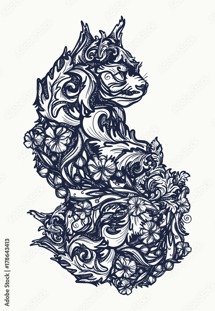 Magic cat tattoo and t-shirt design. Ornamental cat, renaissance style, art nouveau. Cat tattoo art