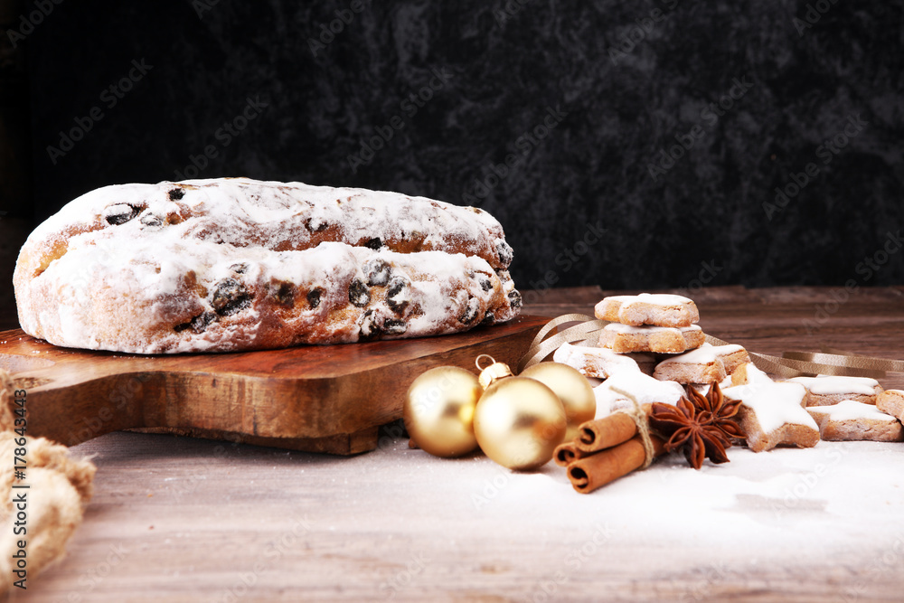 Fototapeta premium Christmas stollen and cookies. Traditional German festive baking.
