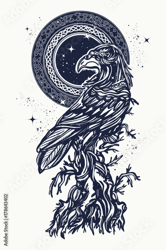 Raven and old tree tattoo and t-shirt design. Symbol of gothic, halloween, fear. Old Celtic raven on an ancient tree t-shirt design