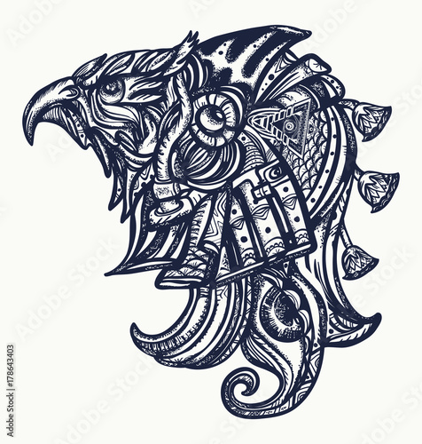 Ancient Egypt tattoo and t-shirt design.Horus gods, eye of Ra, symbol of ancient civilization. Horus head tattoo art