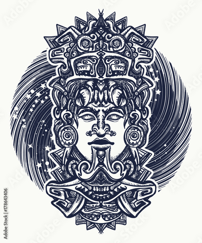 Mayan tattoo and t-shirt design. Ancient aztec totem, Mexican god. Ancient Mayan civilization. Indian mayan carved in stone tattoo art