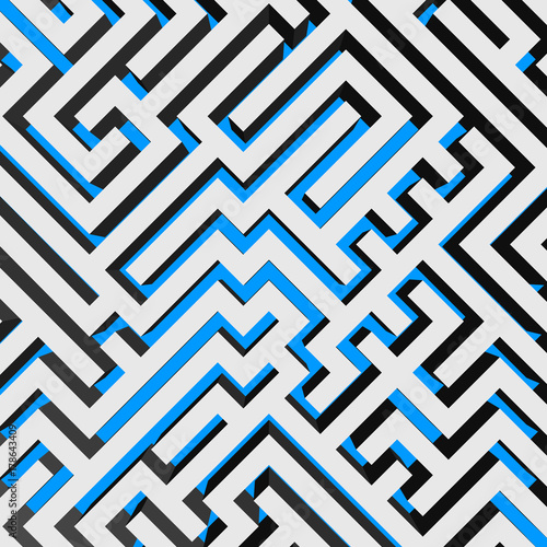 Aerial view of 3D maze labyrinth with blue ground. Vector illustration.