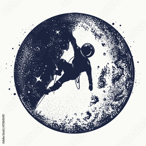 Astronaut tattoo and t-shirt design. Astronaut on the moon. Spaceman new planets. Research symbol space, Universe. Brave astronaut at the spacewalk on the moon tattoo
