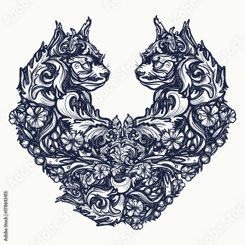 Two cats in the form of heart tattoo and t-shirt design. Symbol of love, feeling, love, passion. Two cats ornamental style, tattoo for woman