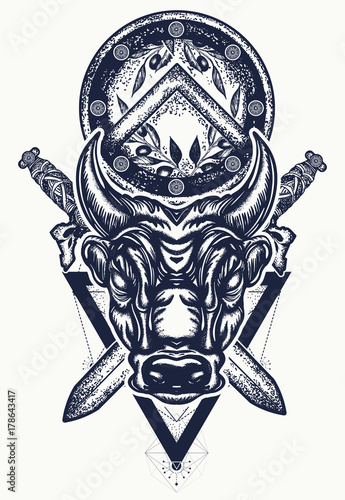 Bull tattoo and t-shirt design. Ancient Rome and ancient Greece concept war t-shirt design. Minotaur, crossed swords and spartan shield. Symbol of bravery, fight, hero, army. Bull tattoo art