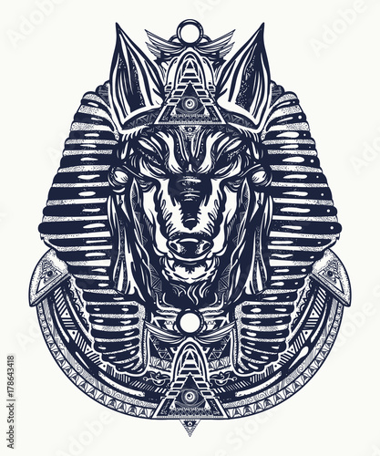 Anubis tattoo and t-shirt design. Anubis, god of war, Golden Mask of the Pharaoh, symbol of next world, kingdom of dead tattoo art