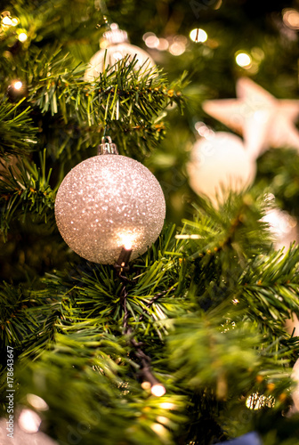 Beautiful christmas background. Decorated christmas tree close up
