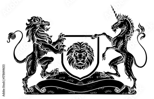 Unicorn and Lion Heraldic Coat of Arms Crest