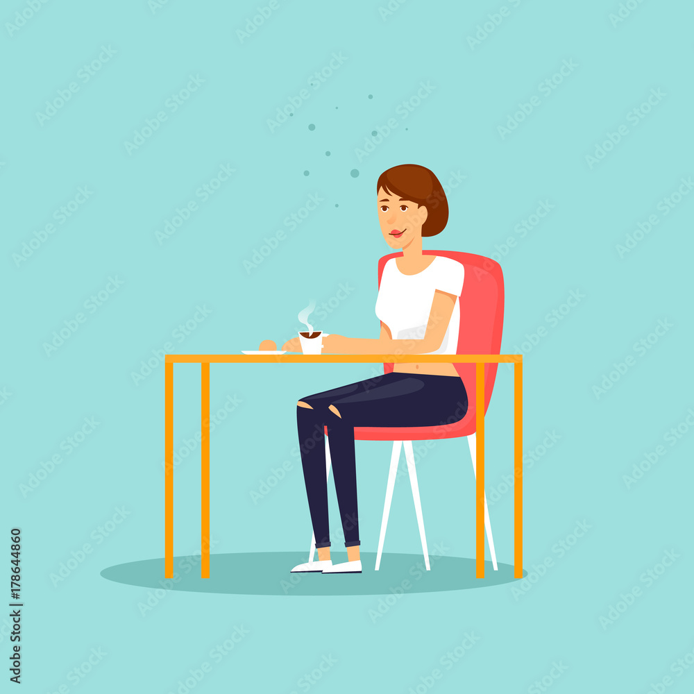 Girl drinking coffee. Flat design vector illustration. Girl drinking coffee. Flat design vector illustration.