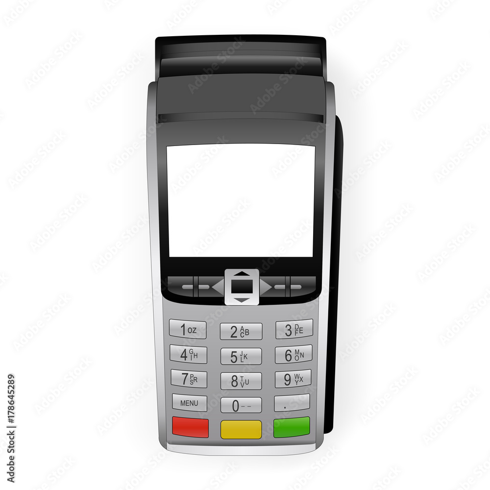 Payment terminal mockup - top view. Pos terminal with blank screen isolated on white background. Vector illustration Payment terminal mockup - top view. Pos terminal with blank screen isolated on white background. Vector illustration