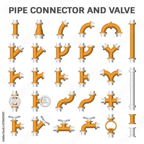 Pipe icon and flange fitting. Include control valve and pressure gauge. For pipeline construction and transportation liquid or gas i.e. oil, natural gas. Also for sewage, plumbing and irrigation.