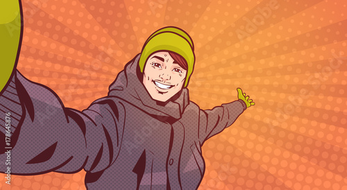 Young Man In Winter Clothes Take Selfie Photo Pointing hand To Copy Space Over Colorful Retro Style Background Vector Illustration