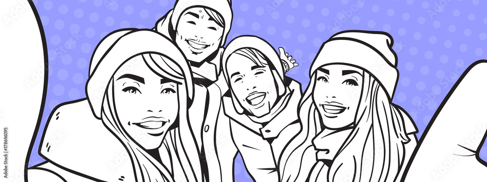 Sketch Of Young People Group Making Selfie Photo Wearing Winter Clothes Over Colorful Retro Style Background Mix Race Man And Woman Happy Smiling Take Self Portrait Vector Illustration Sketch Of Young People Group Making Selfie Photo Wearing Winter Clothes Over Colorful Retro Style Background Mix Race Man And Woman Happy Smiling Take Self Portrait Vector Illustration